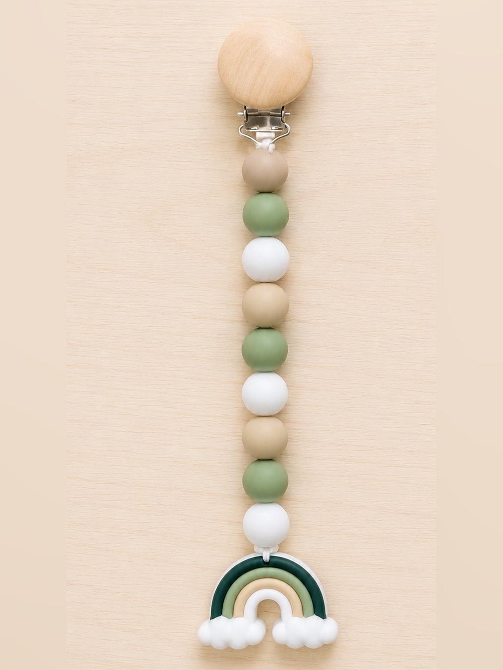 Neutral Green & White Silicone Bead Pacifier Clip with Rainbow Charm